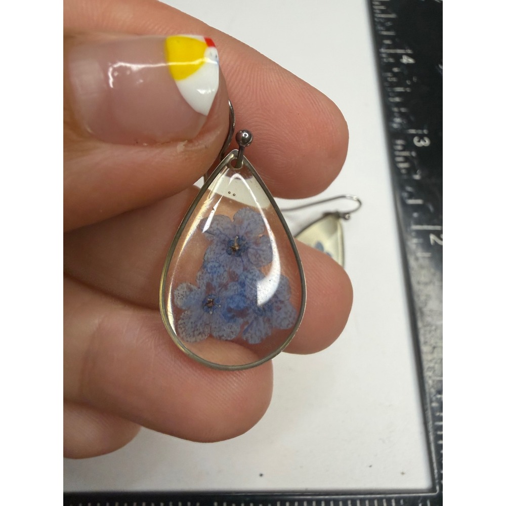 Pressed Blue Forget-Me-Not Flower Resin Teardrop Earrings Silver Tone Botanical